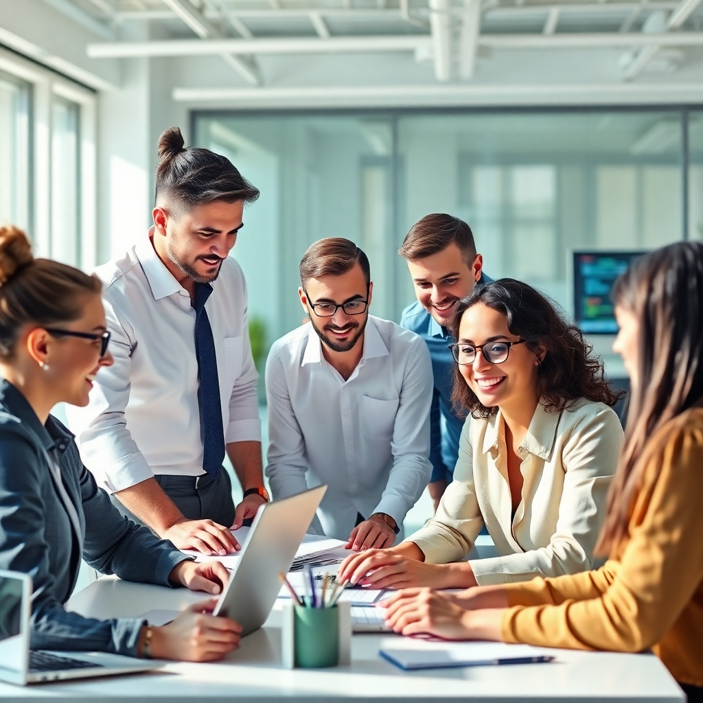 A photorealistic image depicting a diverse team of skilled professionals working collaboratively in a modern and bright office setting. The image should showcase a variety of tasks, symbolizing the company's diverse services, such as laptop repair, software development (code visible on a monitor), and client consultation. The lighting should be natural and well-balanced, emphasizing the teamwork and positive atmosphere.  The color palette should consist mainly of calming blues and greens, representing reliability and trust. The overall style should aim for a clean and sophisticated look, reminiscent of successful tech companies. The image should have a 4K resolution and a composition that centers on the teamwork and positive interactions between the team and clients.  The resolution should be 4K, and the image style should be photorealistic.