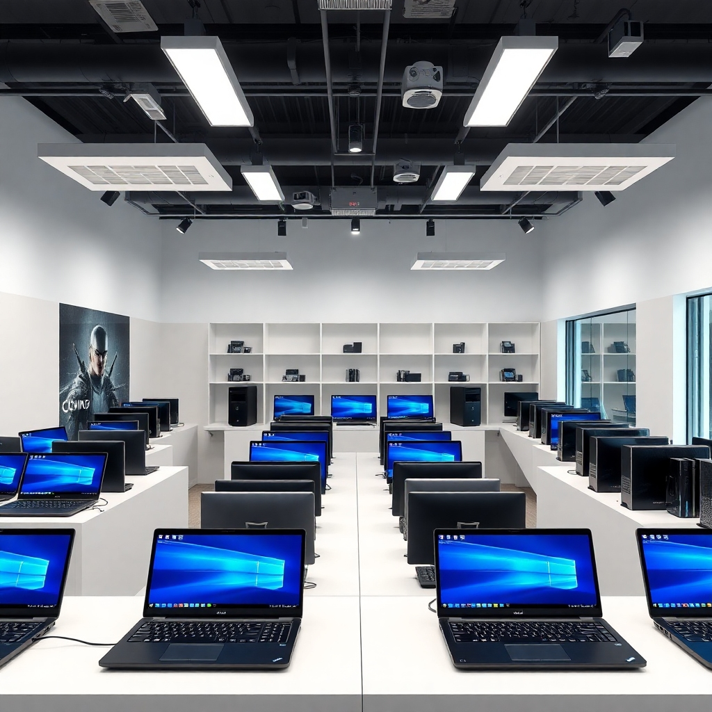 Photorealistic image of various computer models (laptops and desktops) neatly displayed in a modern, well-lit showroom. Highlighting different brands and models. Clean and modern aesthetic.  The lighting should be bright and even, enhancing the details and appeal of the products.