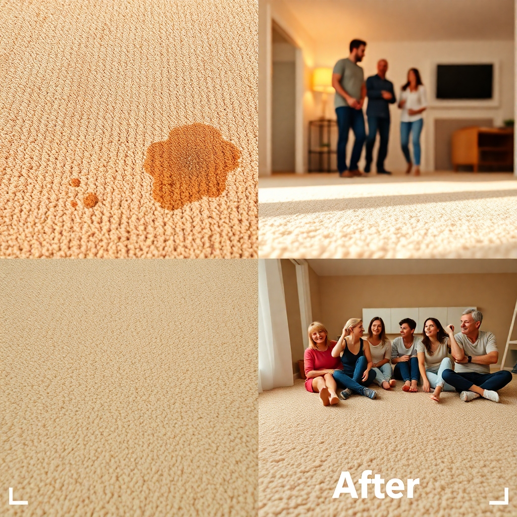 A photorealistic image focusing on carpet cleaning. High-quality 4K resolution.  Show a before and after scenario highlighting the transformation. The before image should show a stained carpet, and the after image should showcase a beautifully clean carpet, possibly with people looking satisfied. Bright, warm color palette.  The style is realistic and persuasive.