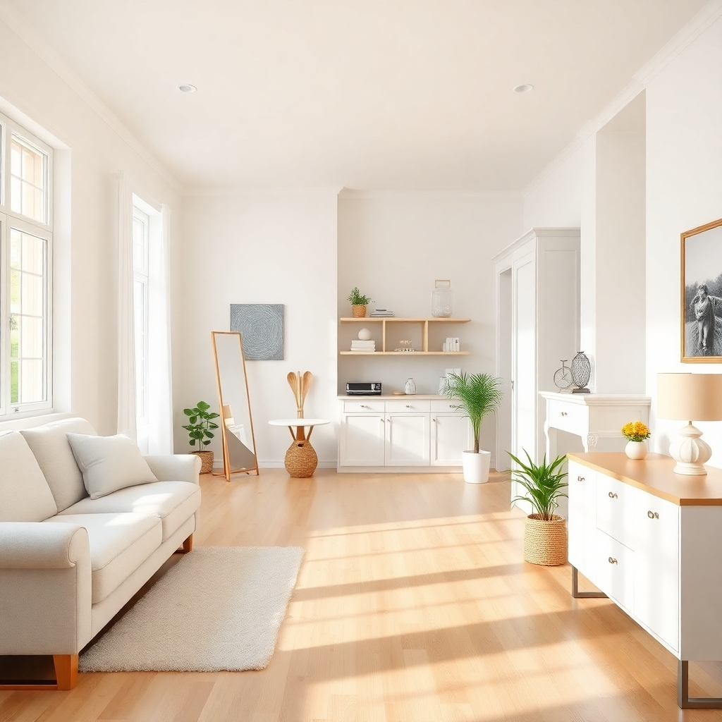 A photorealistic image of a spotless home interior after a professional cleaning. High-quality 4K resolution.  The image should highlight the attention to detail and the overall cleanliness.  Bright, airy color palette.  The style should be inviting and appealing.