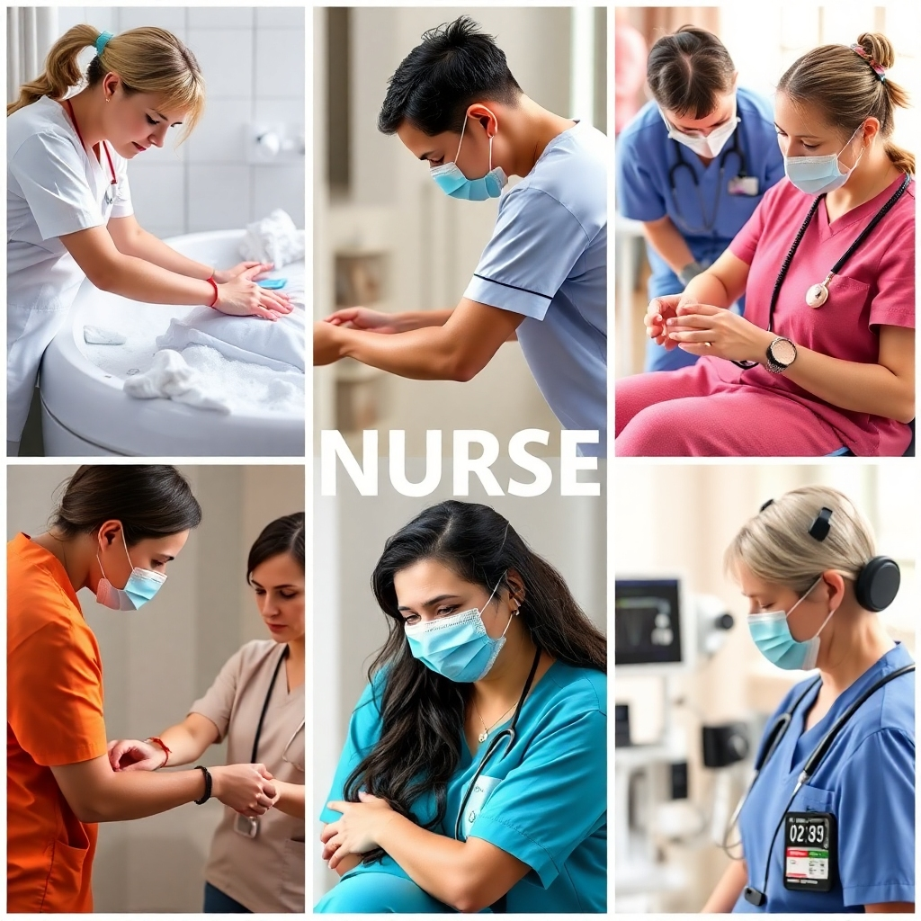 A collage-style image showing various aspects of nurse assistance, like bathing a patient, helping with mobility, and monitoring vital signs. Each individual scene is photorealistic but presented in a cohesive visual style, showing the depth and breadth of services offered. The color palette is warm and inviting.