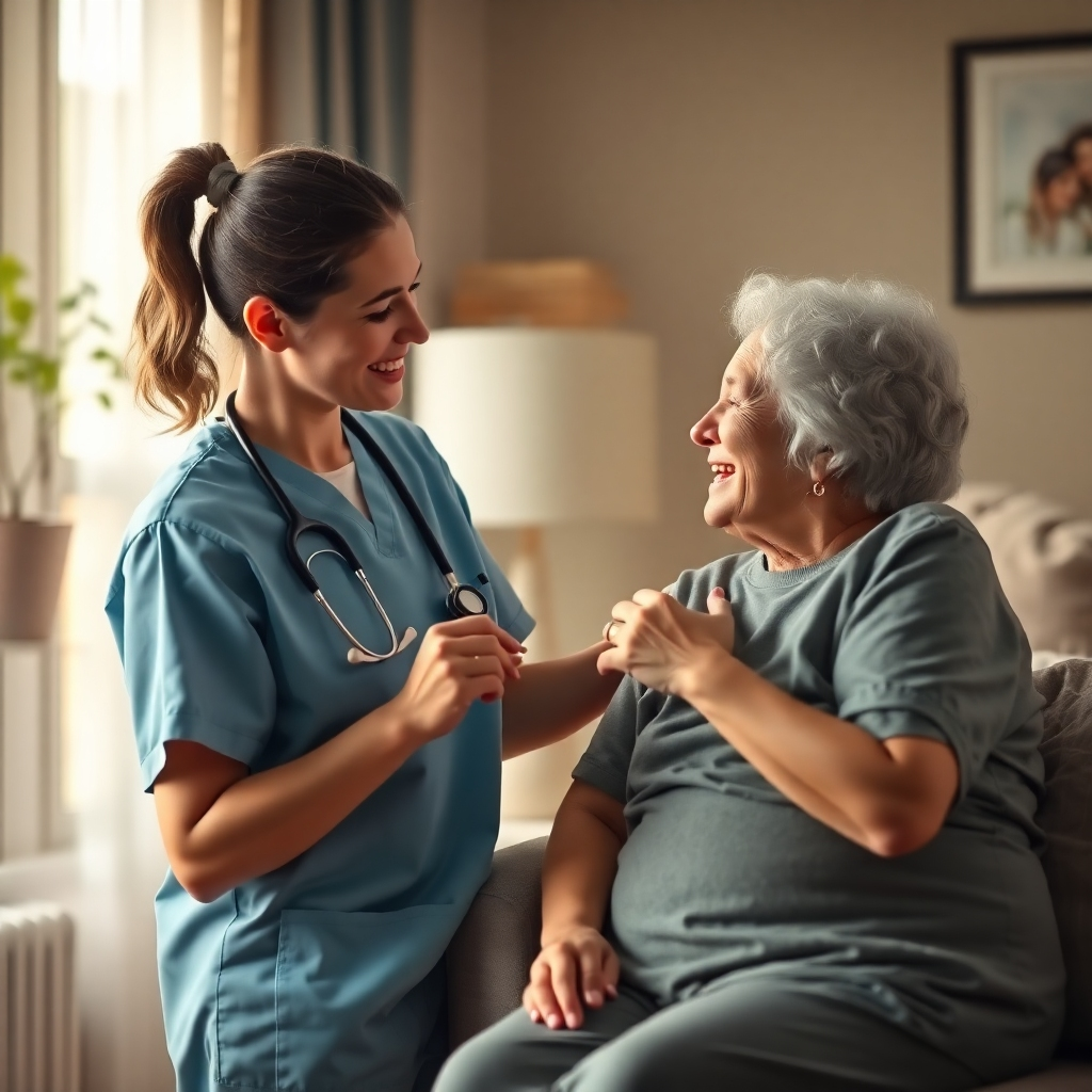 A photorealistic image depicting a nurse providing care to a patient in a comfortable home setting. The lighting should be warm and inviting, with a focus on the comfortable and homely environment. The nurse should be interacting positively with the patient.