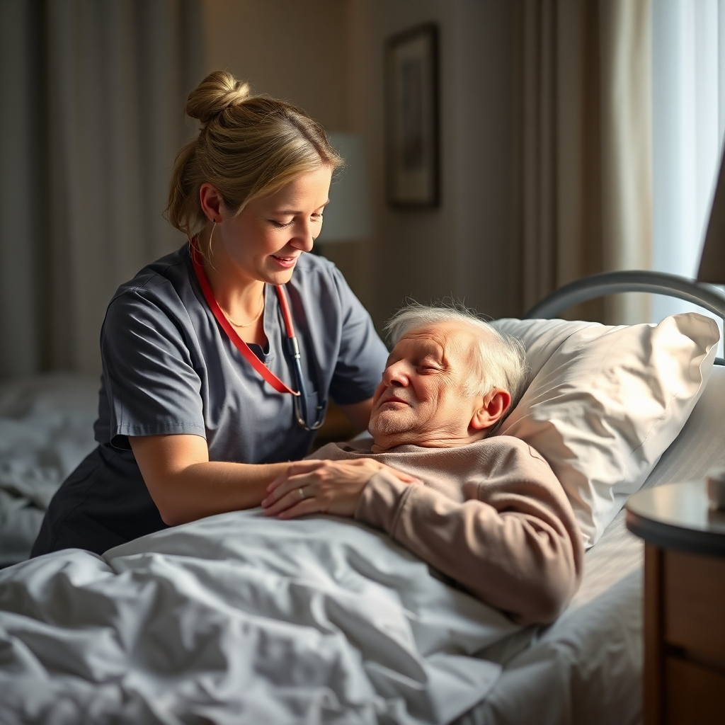 A photorealistic image depicting a nurse assisting an elderly person to sleep in their bed. Soft lighting should highlight the gentle interaction between the nurse and the patient. The background is calming, showing a cozy and comfortable room.