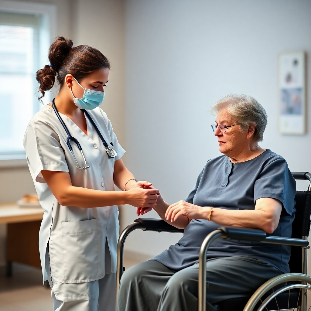 A photorealistic image of a nurse assisting a patient during a short-term care need, such as helping with mobility or medication. The background should be flexible to suit the patient's current needs, emphasizing versatility and adaptability.