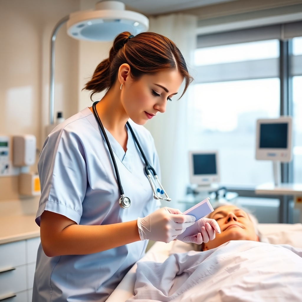A photorealistic image of a nurse providing care in a well-lit, modern hospital room.  The image should be professionally shot, with a focus on cleanliness, technology, and the professionalism of the nurse. The patient should look comfortable and cared for.