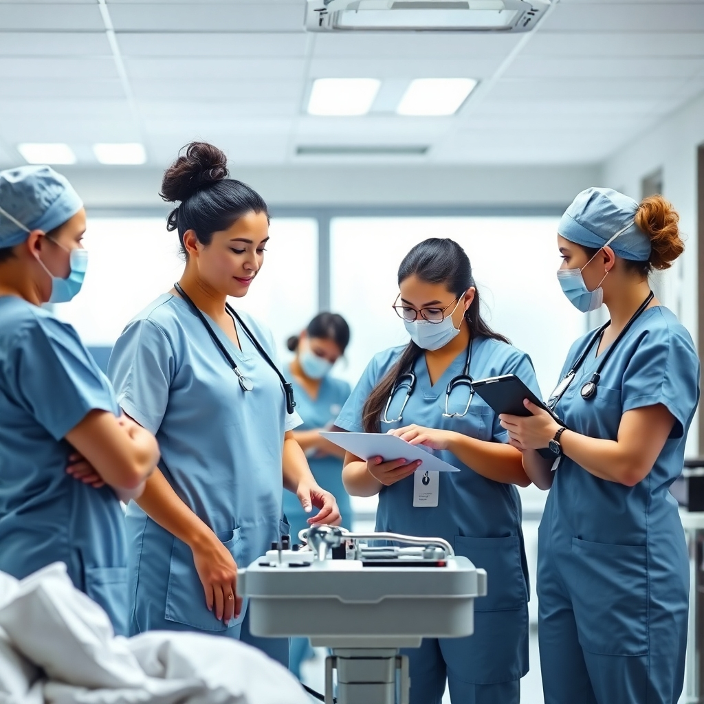 A photorealistic image showing a team of nurses working collaboratively, demonstrating professionalism and teamwork.  The setting could be a hospital or a well-equipped care facility. Lighting is bright and conveys a sense of competence.