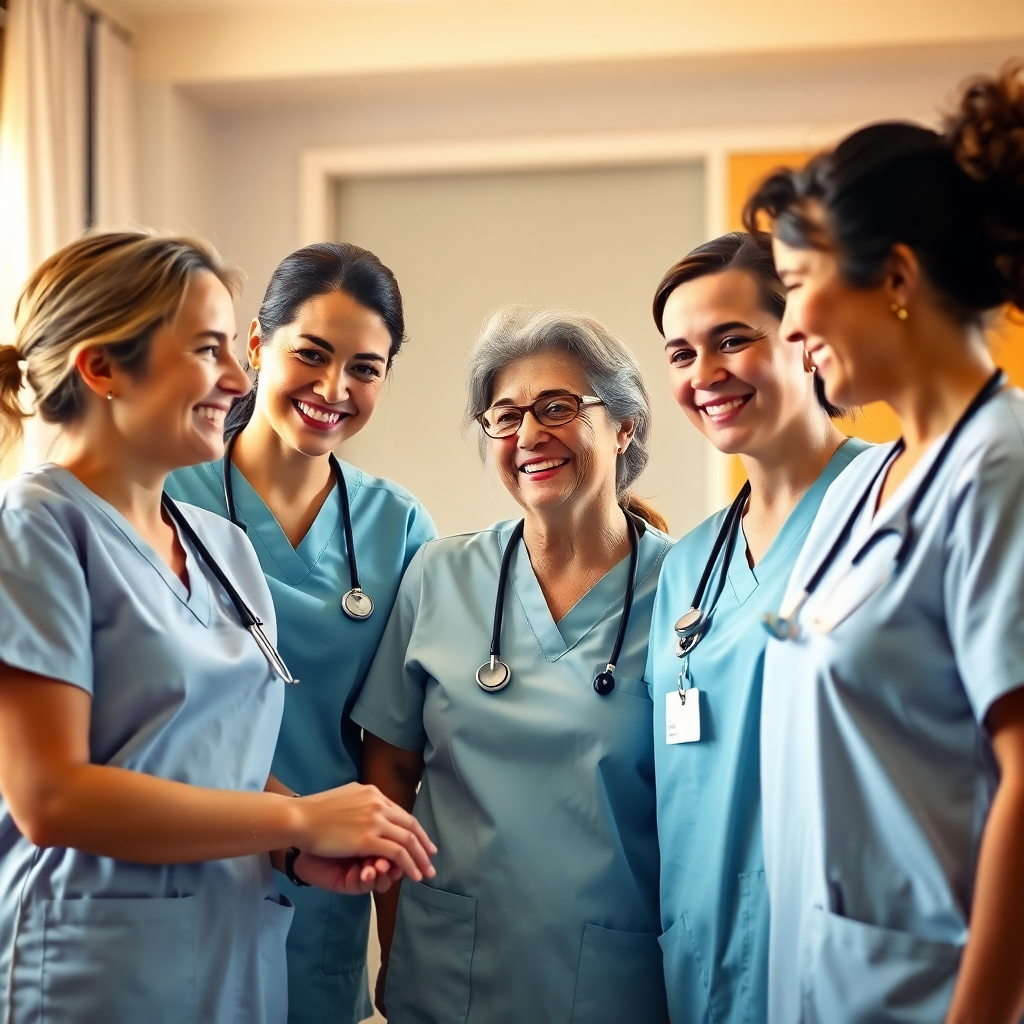 A photorealistic image showing a team of nurses, smiling and interacting with a patient. The setting should be either a cozy home or a bright hospital room. The lighting is warm and natural, creating a feeling of trust and professionalism. The nurses' expressions should show compassion and care.