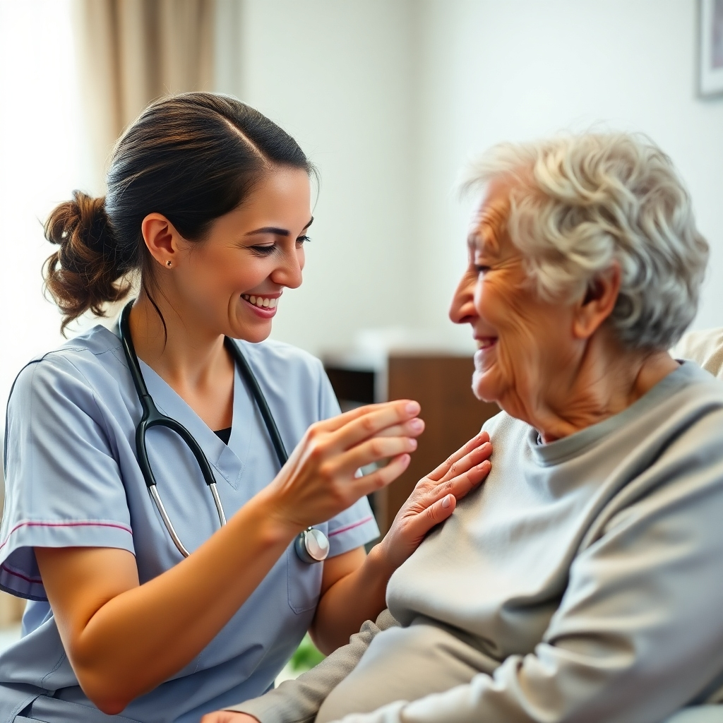 A photorealistic image showing a nurse providing compassionate care to an elderly person.  The focus is on the nurse's gentle touch and warm smile, expressing caring and empathy. The setting could be either a private residence or a hospital room.