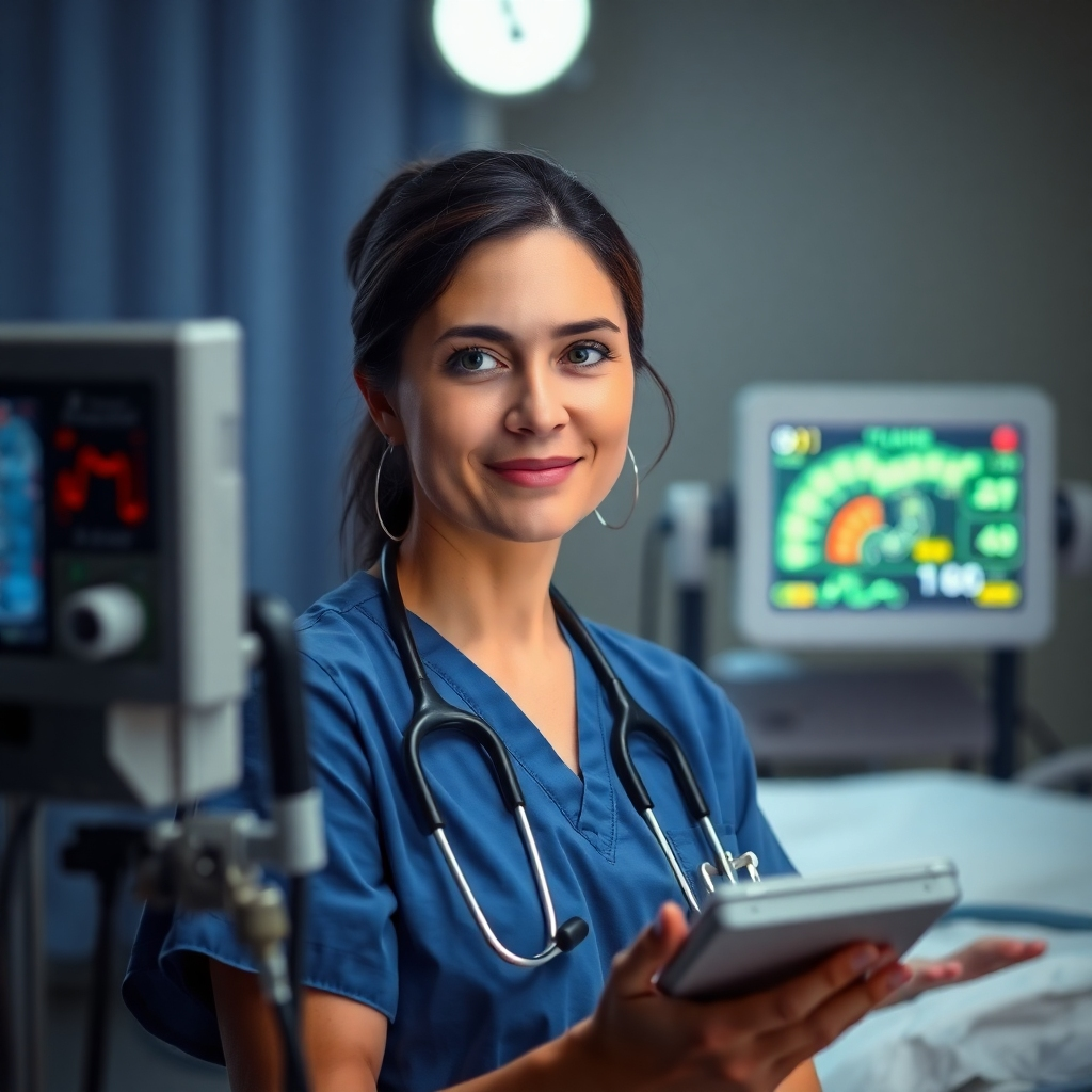 An image of a nurse monitoring equipment with a peaceful expression, perhaps checking a patient's vitals.  The background suggests a nighttime hospital setting. The lighting should be soft and calm, with a focus on the nurse's calm and reassuring presence. The equipment should be realistic and modern.