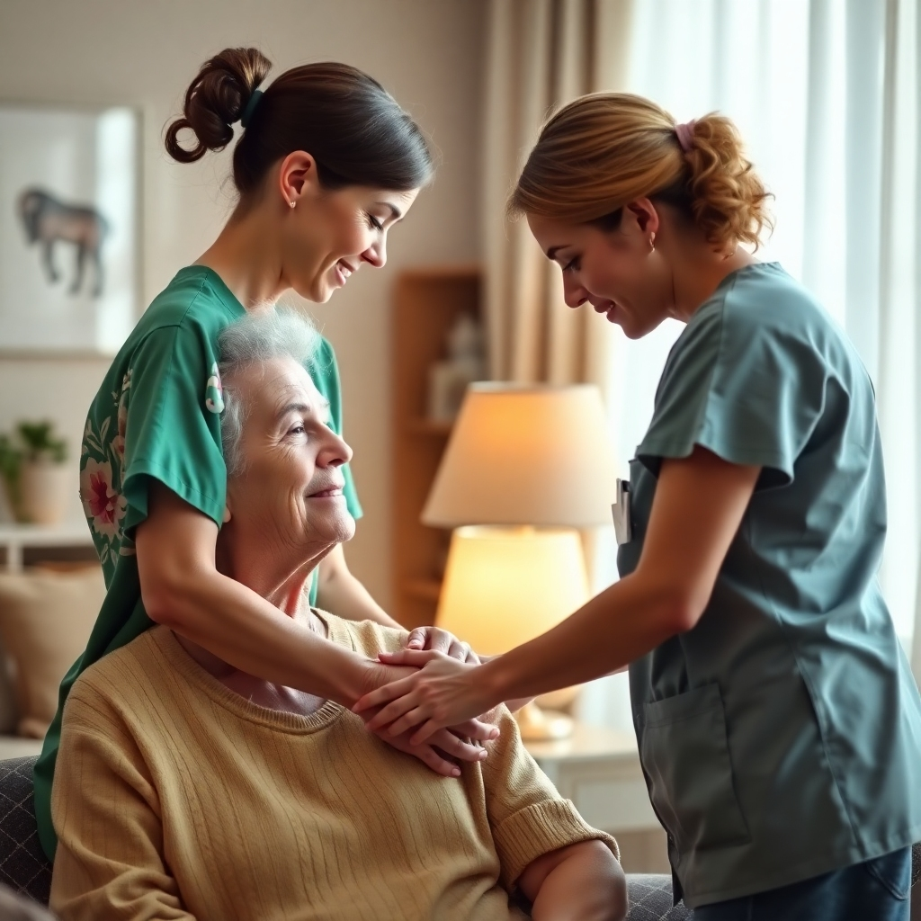 A photorealistic image of a caregiver gently assisting a senior, conveying care, compassion, and professionalism. The setting should be warm, comforting, and inviting.