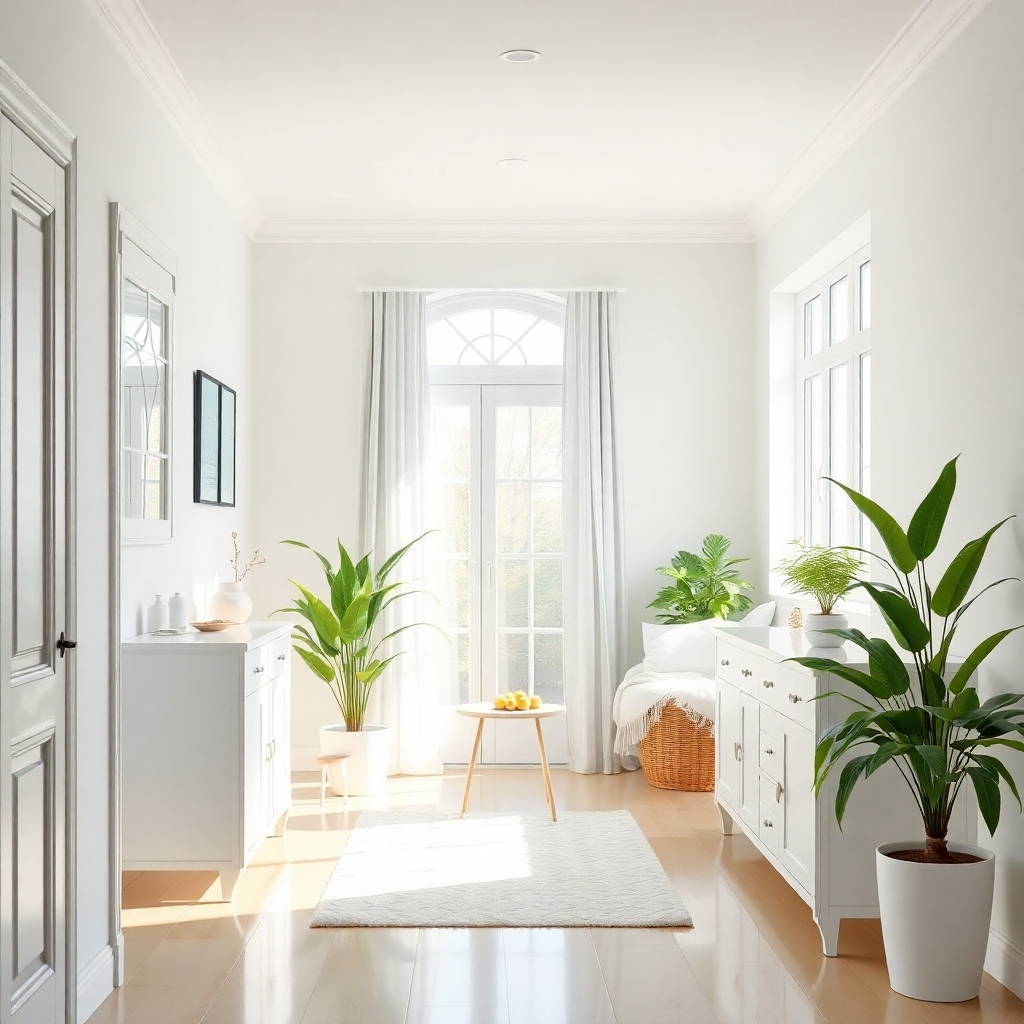 A photorealistic image of a clean, sparkling home interior, emphasizing the details of cleanliness and order. Use natural lighting to enhance the feeling of freshness and comfort.