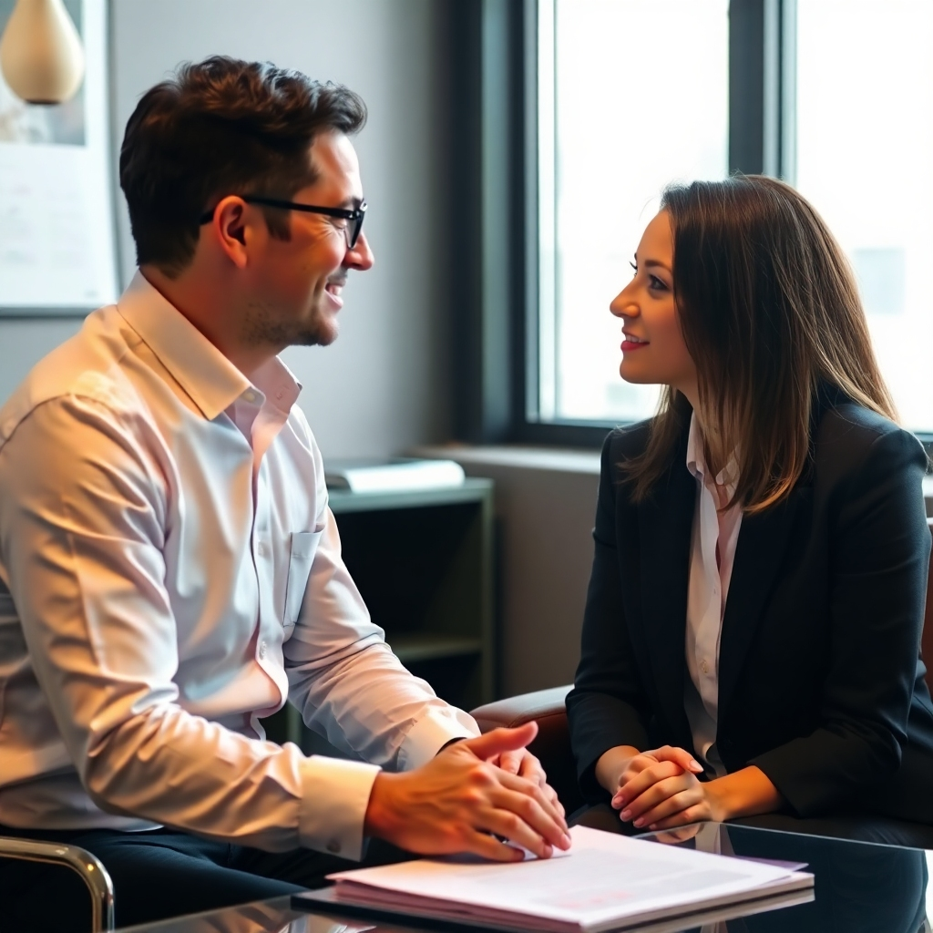 A photorealistic image of a consultant attentively listening to a client. The image should convey a sense of trust, understanding, and personalized attention. The setting should be professional yet comfortable.