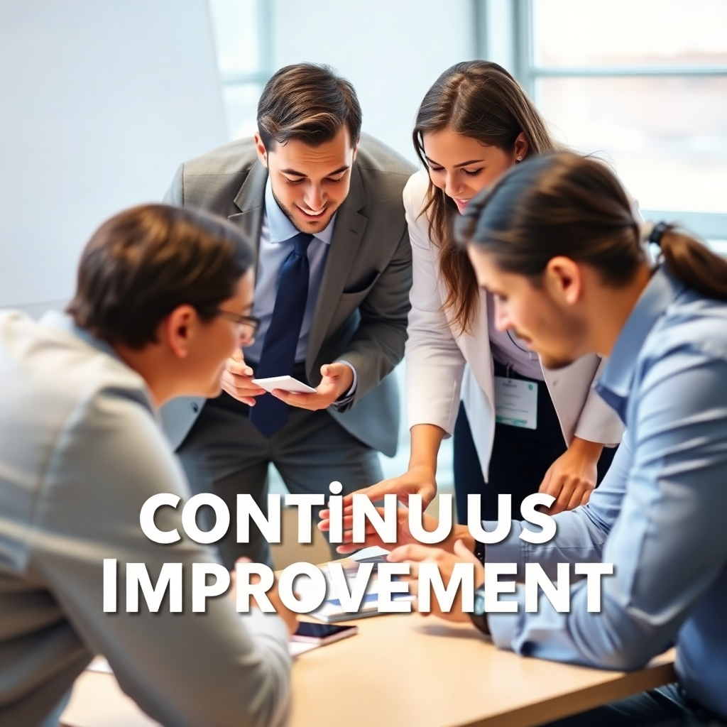 A photorealistic image of professionals participating in a training session or workshop. The image should showcase a positive, collaborative learning environment with interactive elements. The focus should be on continuous improvement.