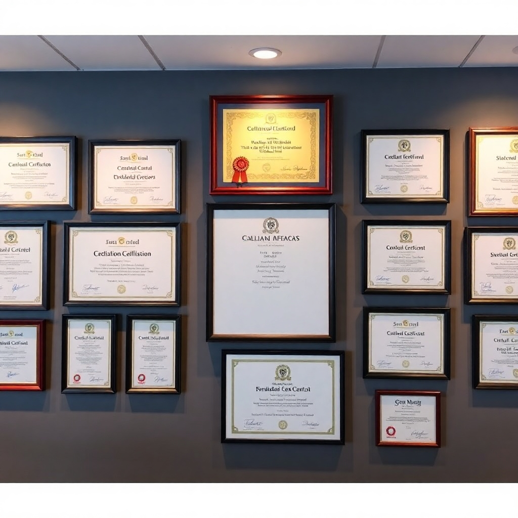 A photorealistic image showcasing various professional certifications and diplomas displayed on a wall in an office, with a focus on the details and credibility they represent. The lighting should highlight the important information on each document.