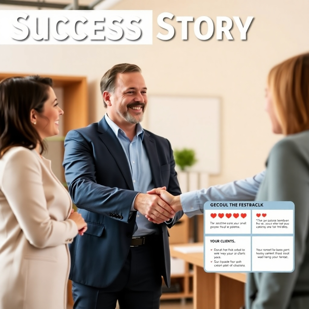 A photorealistic image showcasing various success stories: a satisfied client shaking hands with a consultant, a clean and organized office, and a graphic displaying positive client feedback. Use a warm color palette and natural lighting to create a trustworthy and reliable atmosphere.