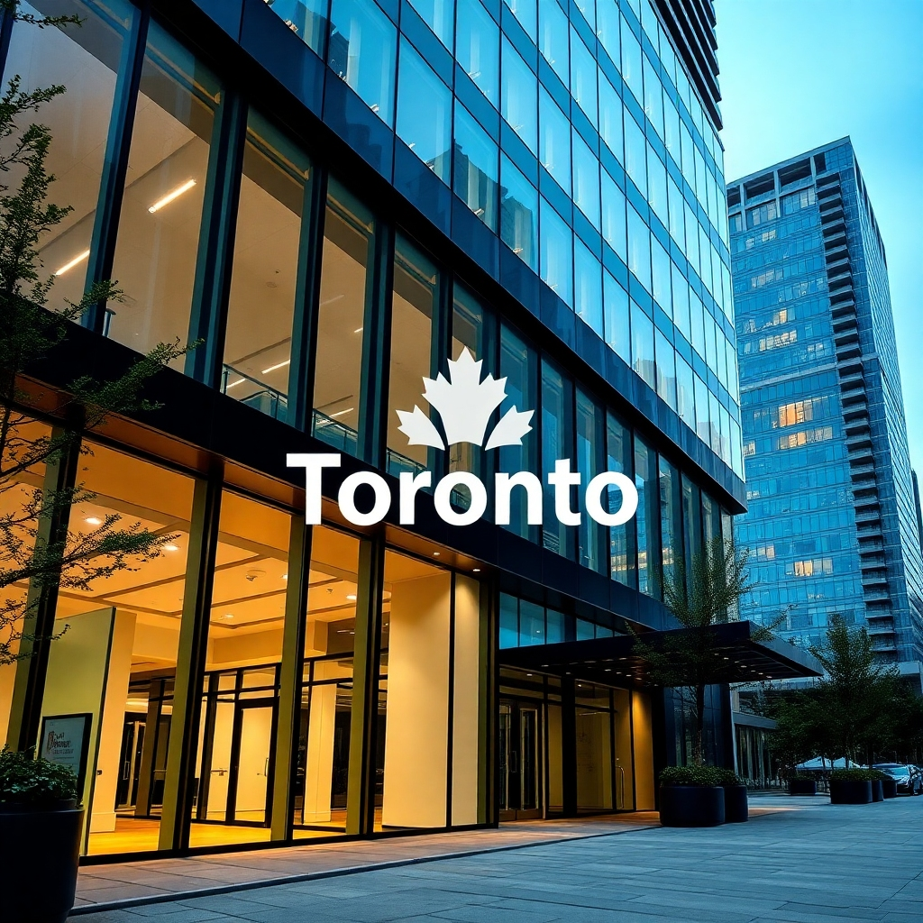 A photorealistic image showing the exterior of a modern office building in downtown Toronto, with a subtle overlay of the company logo. The image should convey a sense of success and stability. Include subtle details suggestive of Canadian culture.