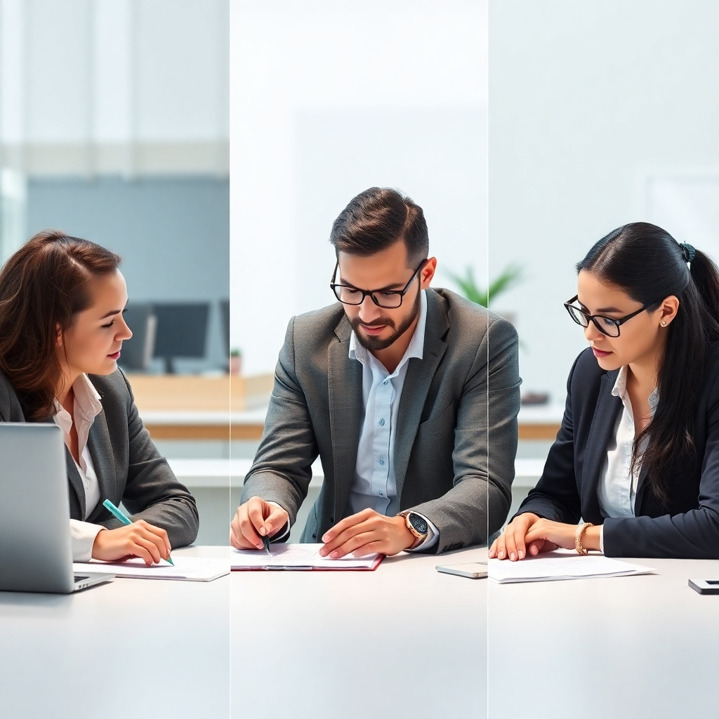 A photorealistic image showing three separate teams, each representing one of the branches, working diligently on their respective tasks. The image should convey the professionalism and dedication of each team.