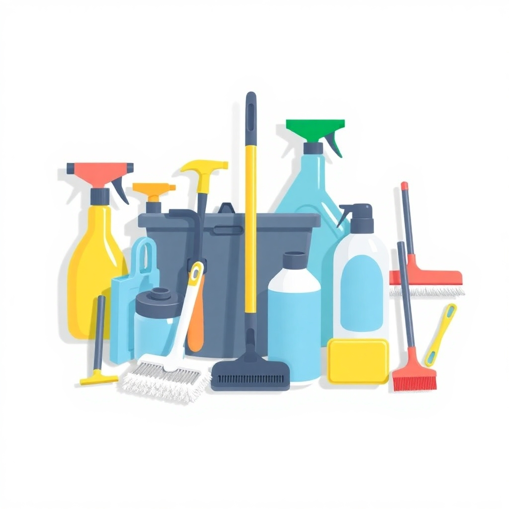 A stylized image depicting various cleaning tools and supplies, presented in a clean, organized, and visually appealing manner. The image should communicate a sense of expertise and thoroughness.