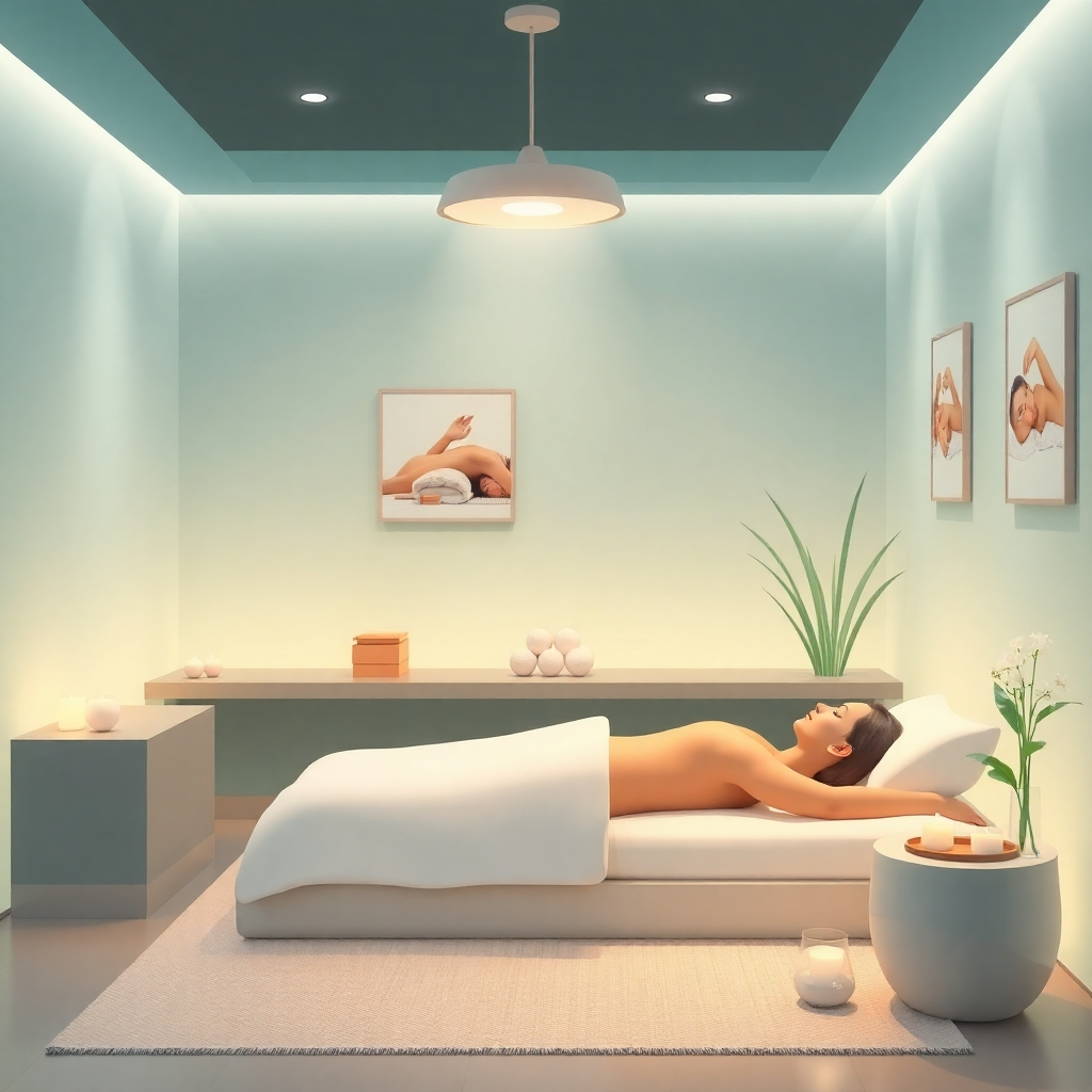 A stylized image of a relaxing spa setting, with soft lighting, calming colors, and imagery representing the different types of massage offered.  The image should evoke feelings of relaxation and well-being.