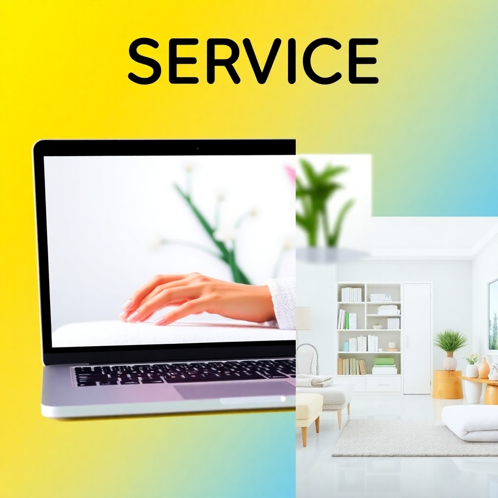 A stylized image showcasing three distinct service areas: a sleek laptop representing IT consulting, a calming spa scene with hands receiving massage representing healthcare, and a clean, organized home interior representing cleaning services. Use vibrant colors and distinct visual styles to represent each service, creating a visually appealing collage.